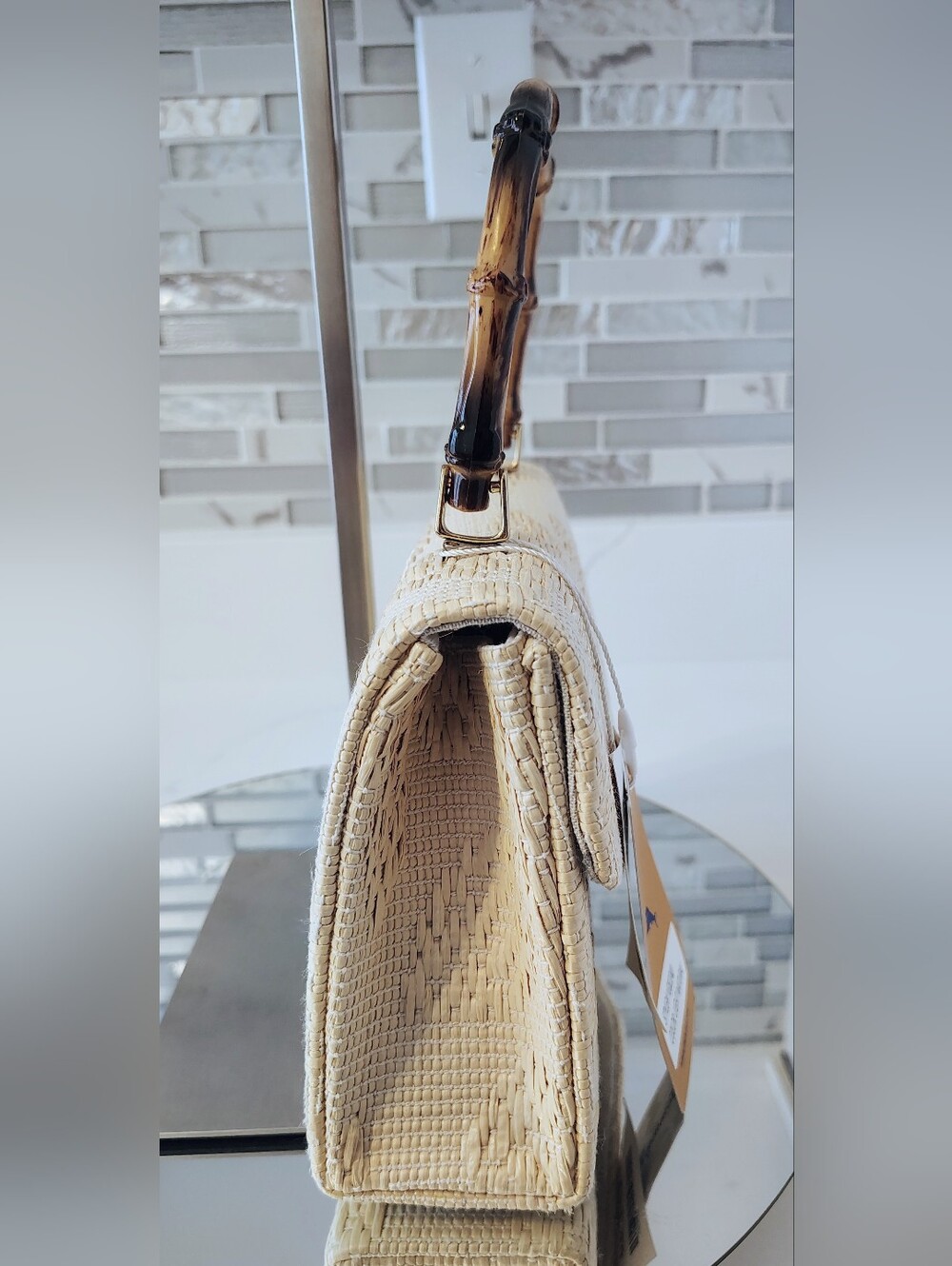 NWT Tommy Bahama Raffia Top Handle Purse w/ Bamboo Like Handle - Picture 6 of 14